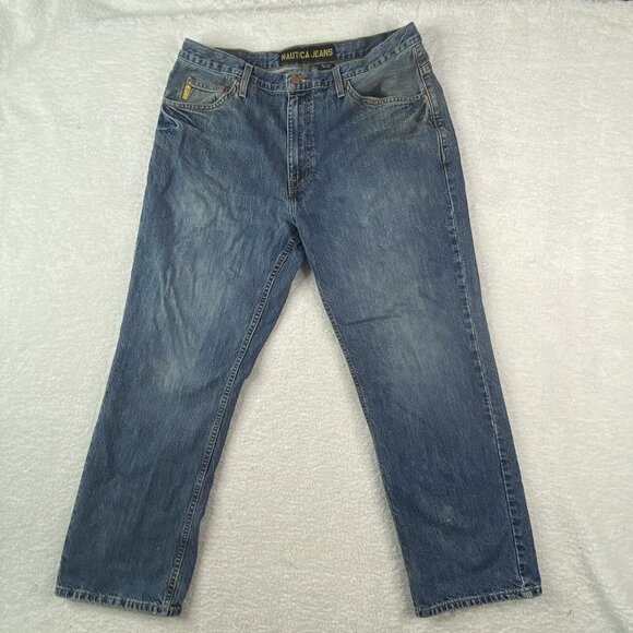 Y2K Nautica Jeans Men's 36x30 Blue Distressed Straight Workwear Streetwear VTG - Picture 1 of 16